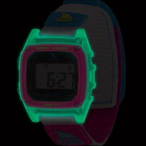 The Freestyle SHARK CLASSIC LEASH KITEFIN SHARK features Shark Brite Tech, neon green outline, pink case, white strap, and digital display.