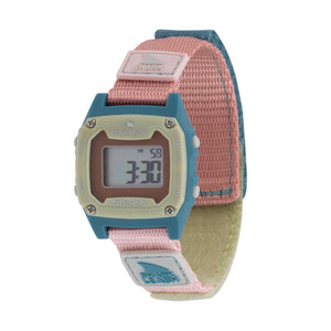 Freestyle SHARK MINI LEASH CABO: Water-resistant digital watch with a pink, blue, and beige band, surf-inspired.