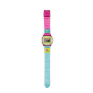 Freestyle SHARK MINI CLIP POPSICLE: a water-resistant digital watch with pink and blue strap and green face, display active.