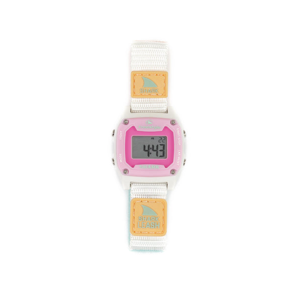 Freestyles SHARK MINI LEASH watch in Blue Tie Dye design, water-resistant, displaying 4:43 with a pink face and white band.