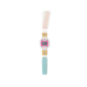 Freestyle SHARK MINI LEASH BLUE TIE DYE wristwatch with a beachy vibe, white strap, and blue accents on a white background.