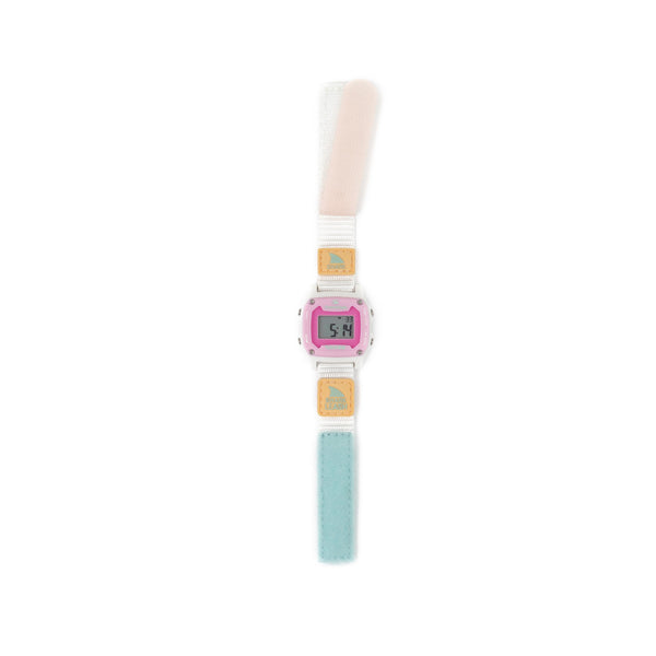 Freestyle SHARK MINI LEASH watch in blue tie-dye with a digital pink face and white strap; water-resistant and comes with a lifetime warranty.