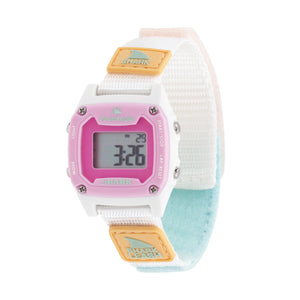 The Freestyle SHARK MINI LEASH BLUE TIE DYE watch is water-resistant with beachy vibes and displays the time on its digital screen.