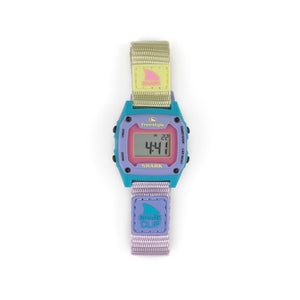 Freestyle SHARK MINI CLIP LAVENDER TEA: water-resistant watch with teal and pink face, patterned strap, Shark logos.