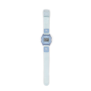 The Freestyle SHARK MINI CLIP SKY is a water-resistant digital watch featuring a rectangular face and a textured strap.