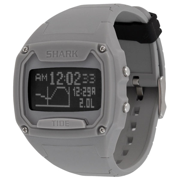 Freestyle SHARK XL TIDE 600 GRAY (NEG watch with gray strap displays time and tide on a dark, water-resistant screen.