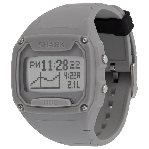 The Freestyle SHARK XL TIDE 600 GRAY displays tide information and is water-resistant, with additional features for tracking essential details.