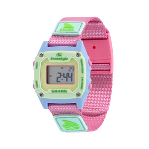 Digital watch with pink strap and green accents on a white background