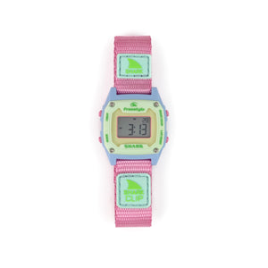 Digital watch with pink strap and green accents on a white background
