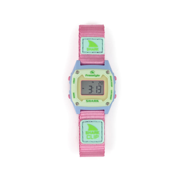 Digital watch with pink strap and green accents on a white background