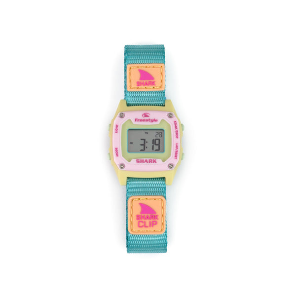 Digital watch with a colorful strap featuring a shark design on a white background