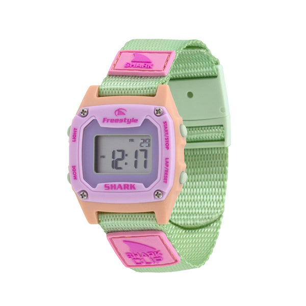 Digital watch with pink and green strap on a white background