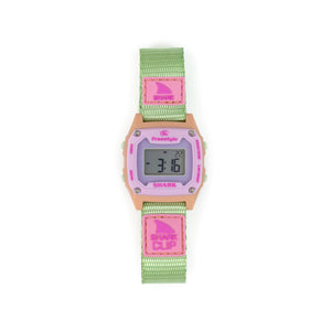 Digital watch with pink and green strap on a white background