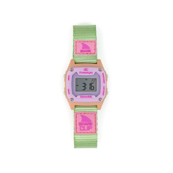 Digital watch with pink and green strap on a white background