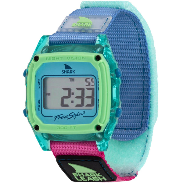 Digital watch with a blue and pink strap on a white background
