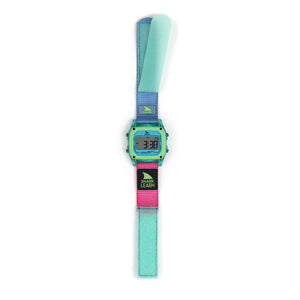 Digital watch with a colorful strap on a white background