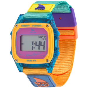 Colorful digital watch with a shark design on a white background