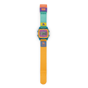 Colorful digital watch with a multicolored strap on a white background