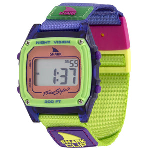 Colorful digital watch with a vibrant strap on a white background