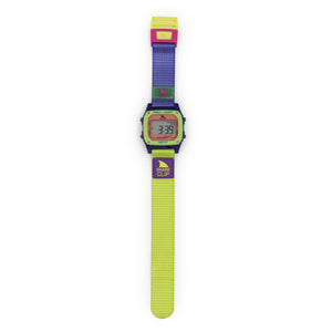 Digital watch with a colorful strap on a white background
