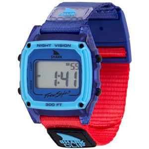 Digital watch with blue and red strap on a white background