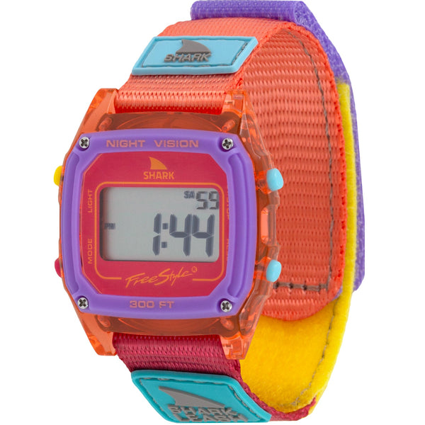 Colorful digital watch with a transparent orange face and multicolored strap on a white background