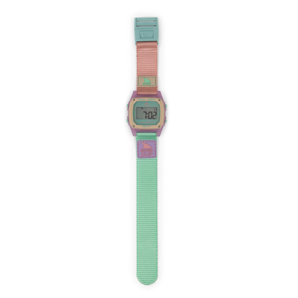 Freestyle SHARK CLASSIC CLIP MELON MIX digital watch featuring a pastel rectangular face and a pink, purple, mint green strap.