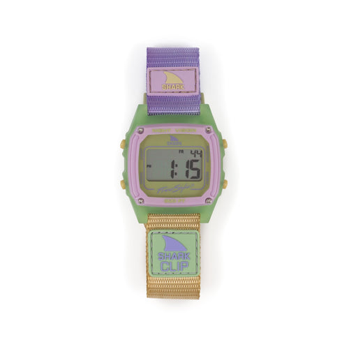 Freestyle SHARK CLASSIC CLIP HONEY POP: digital surf watch with green, pink, purple display & pastel water-resistant strap.