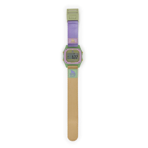 The Freestyle SHARK CLASSIC CLIP HONEY POP surf watch features a water-resistant, colorful strap and a rectangular digital face.