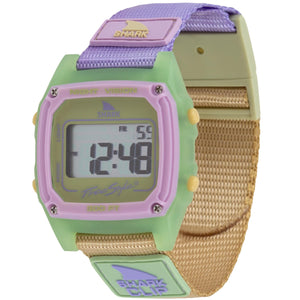 Freestyle SHARK CLASSIC CLIP HONEY POP surf watch with a green, pink, and purple face and a tan-purple band.