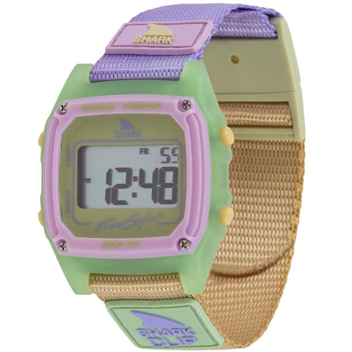 Freestyle SHARK CLASSIC CLIP HONEY POP surf watch with a green, pink, and purple face and a tan-purple band.