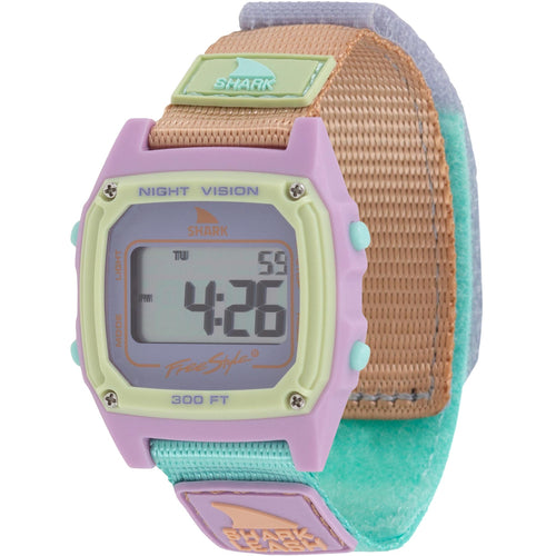 Freestyle SHARK CLASSIC LEASH MINT POP watch with fabric strap, 100M water resistance, digital display visible.
