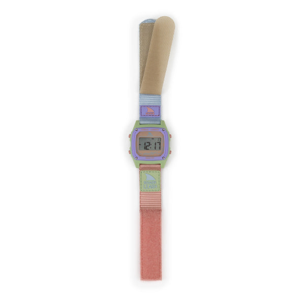 Freestyle SHARK CLASSIC LEASH PEACH DUST watch with pastel patchwork strap and rectangular face displaying digital numbers.