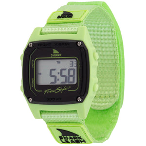 Neon green digital watch with black strap on a white background
