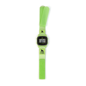 Digital watch with a green strap on a white background