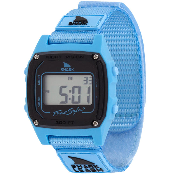 Blue digital watch with a strap on a white background