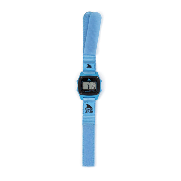 Blue digital watch with strap on a white background