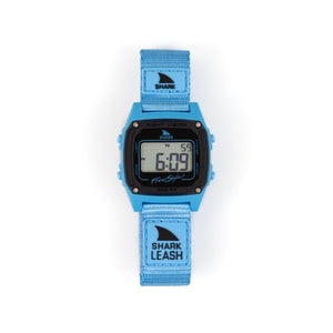 Digital watch with blue strap on a white background