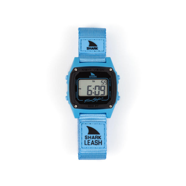 Digital watch with blue strap on a white background