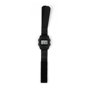 Black digital watch with strap on a white background