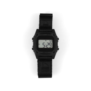 Black digital watch with a strap on a white background