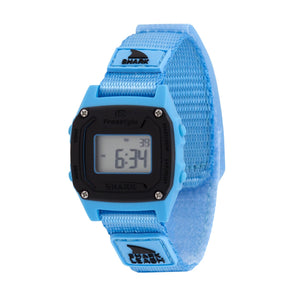 Digital watch with a blue strap on a white background