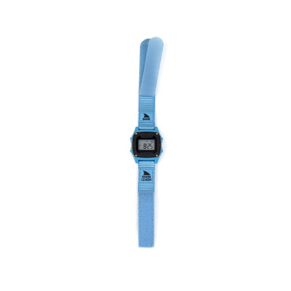 Blue watch with digital display on a white background