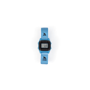 Digital watch with a blue strap on a white background