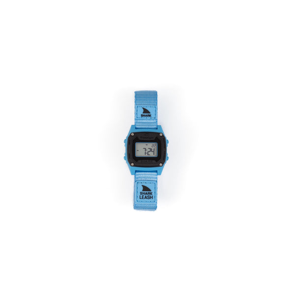 Digital watch with a blue strap on a white background