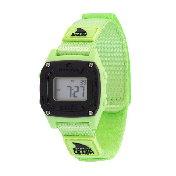 Digital watch with a bright green strap and black case on a white background