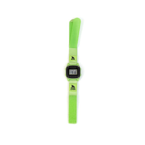Green watch with digital display on a white background