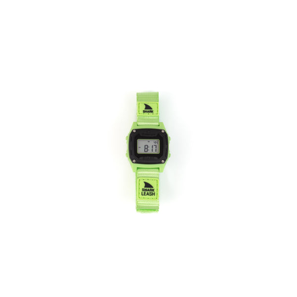 Digital watch with a green strap on a white background