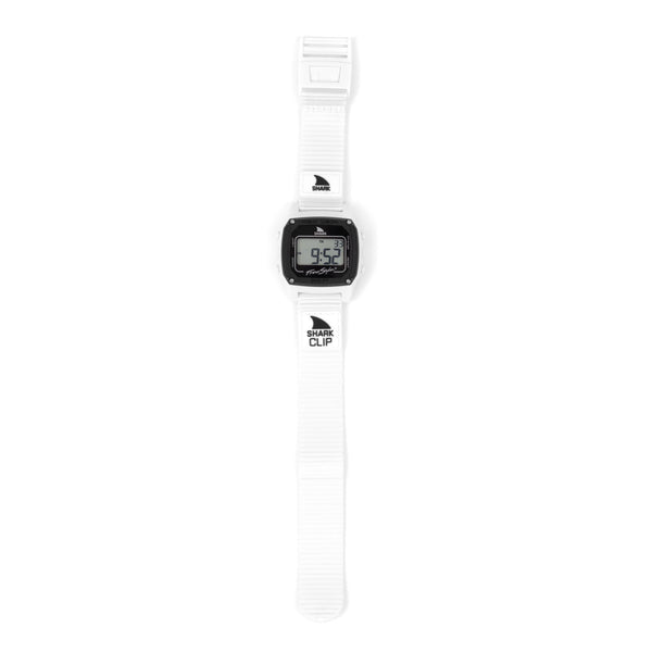 Digital watch with a white strap on a white background