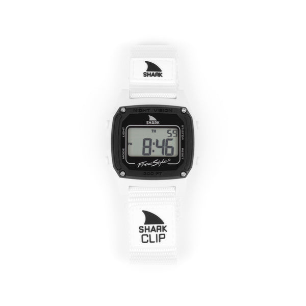 Digital watch with white strap and black case on a white background